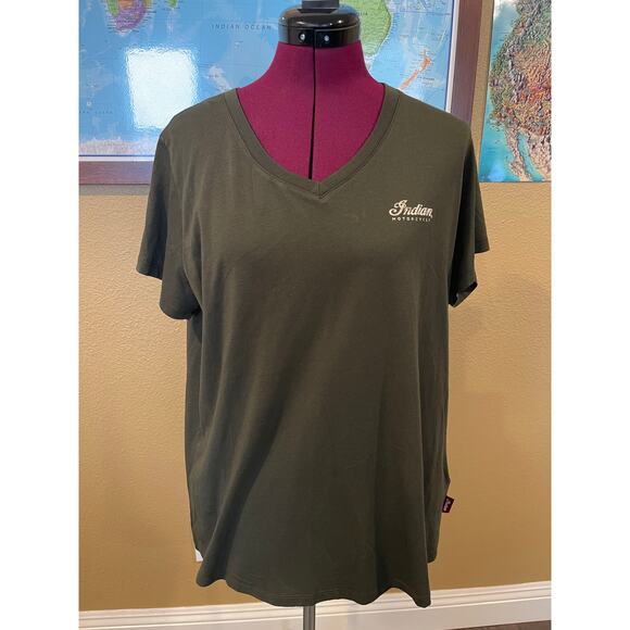 Indian Motorcycle Woman’s Khaki Green 1901 Indian Logo T-Shirt XL - Picture 1 of 5